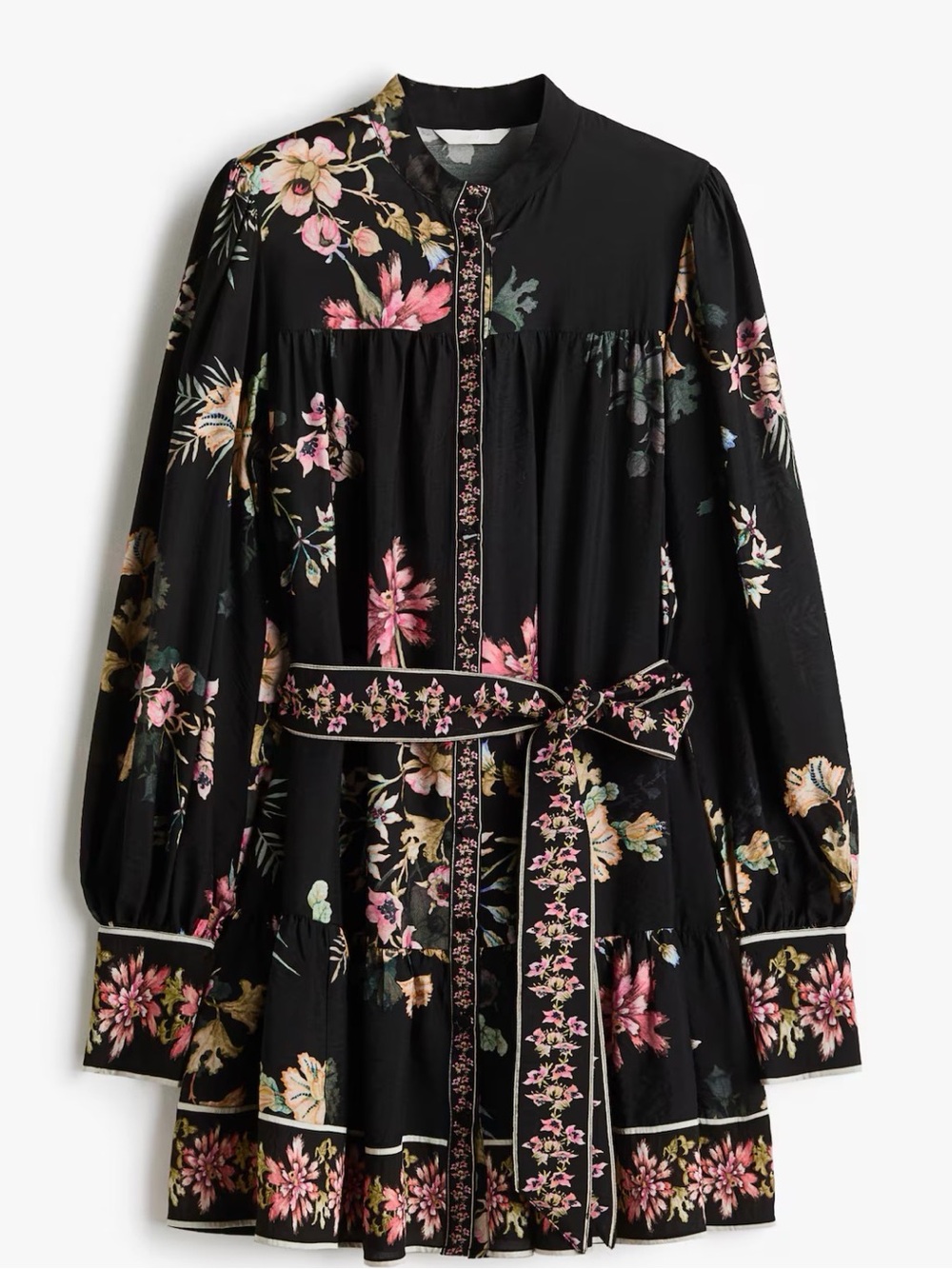 H&M Black Floral Long-Sleeve Tie belt tunic  Dress xs